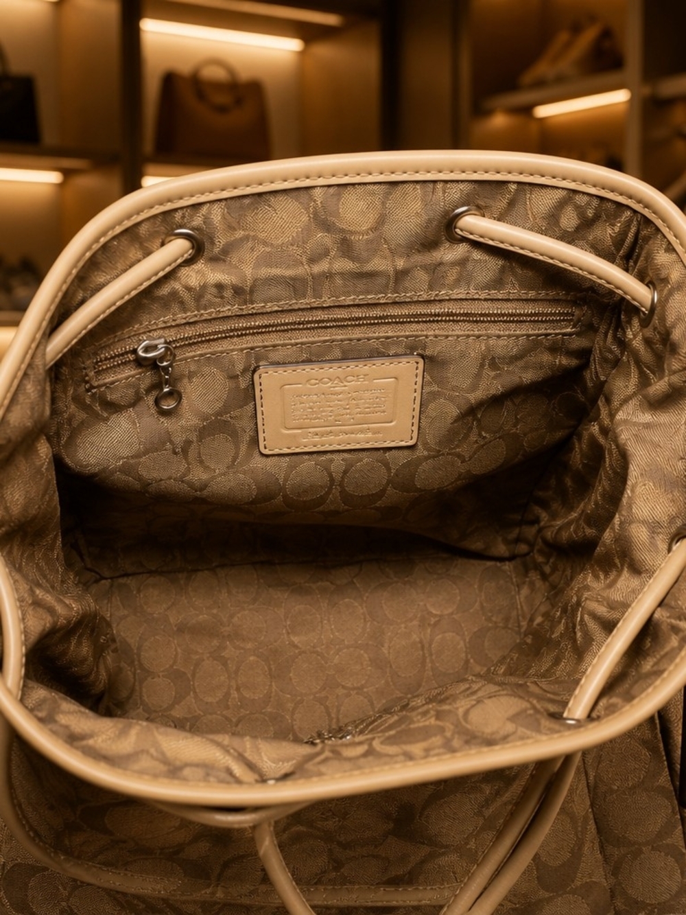 Coach RARE vintage Beige Leather Drawstring Backpack & New York & Co Necklace - Picture 4 of 12